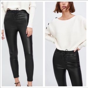 ZARA High Rise Lace Up Skinny Leather Pants Leggings in